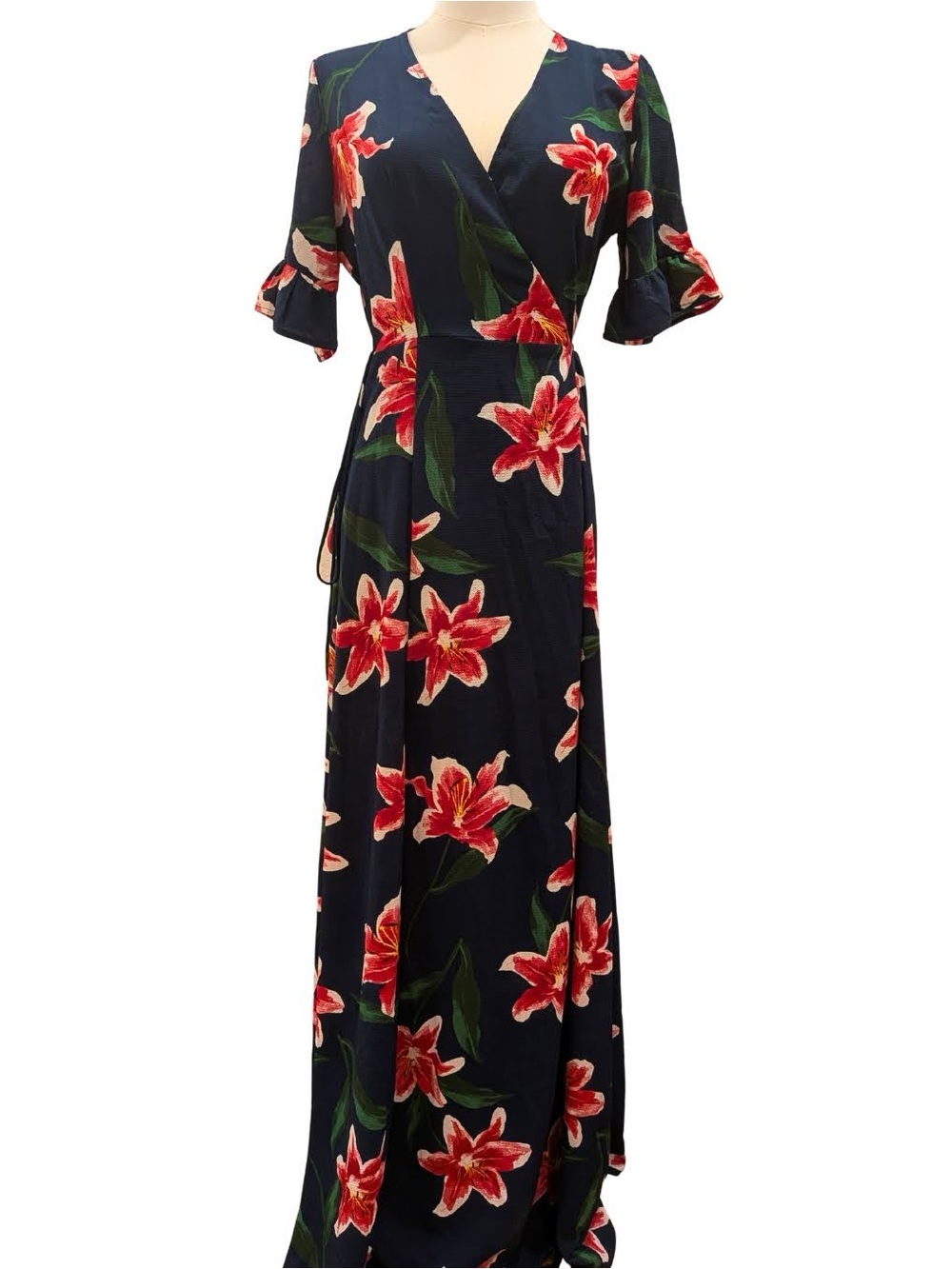Lulu's Navy Maxi Wrap Dress with Red Floral Print